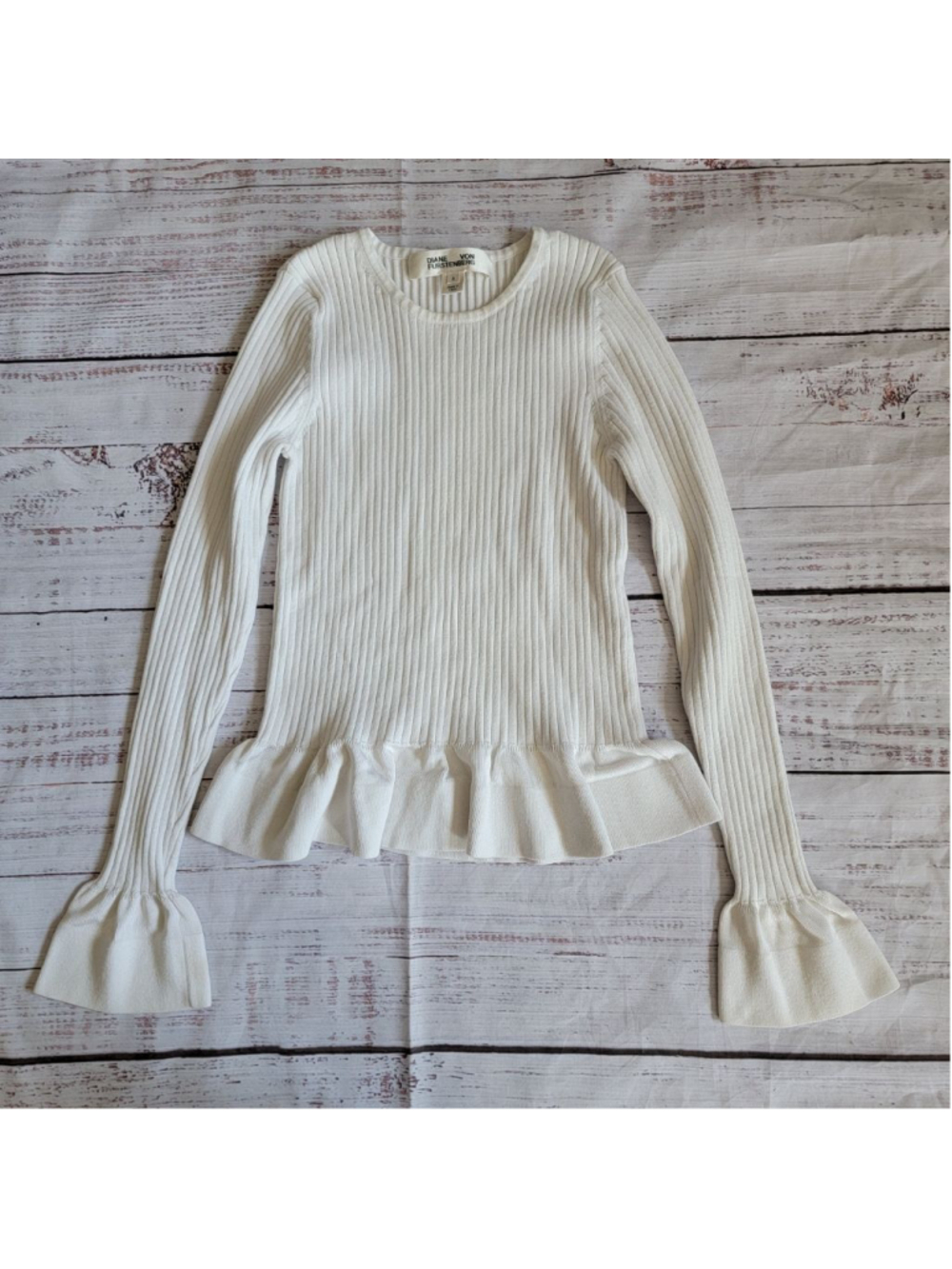Diane Von Furstenburg White Ribbed Peplum Long Sleeve Women's Small